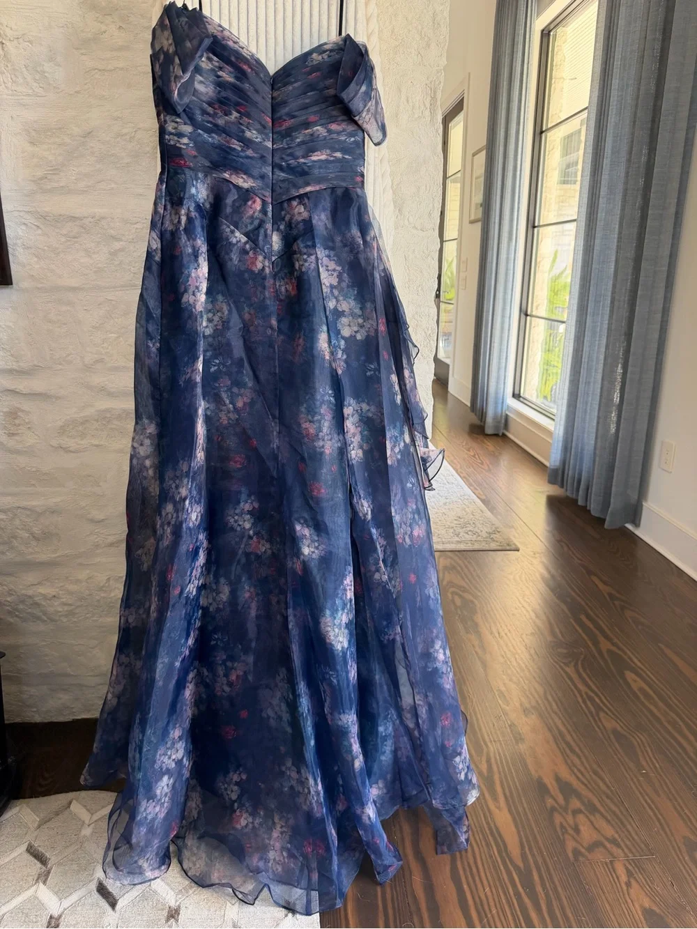 Navy Floral Strapless Evening Gown with Ruffle Detail - Picture 7 of 11